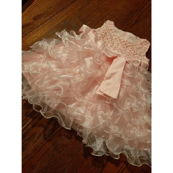 6 Month Pink Embellished Pearls Frilly Layered Formal Special Occasion Dress - Picture 4 of 8